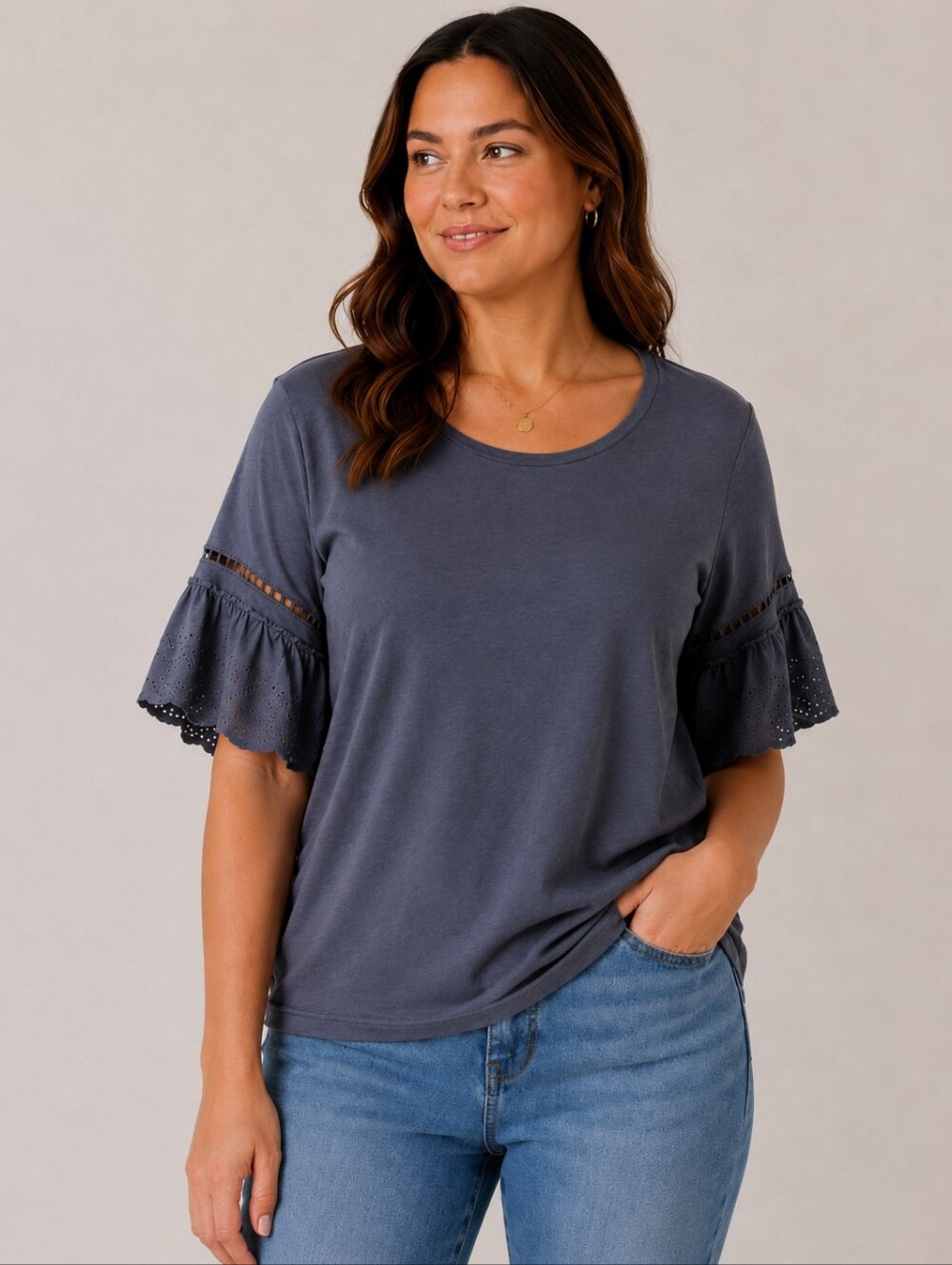 💙🩶🌷LOFT NWT Eyelet Flutter Ruffle Sleeve Top Drapey Short Sleeve Blouse XL